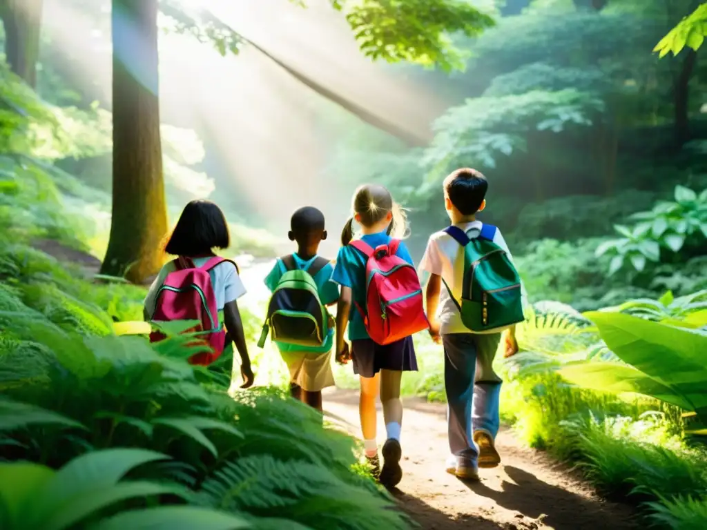 'Excursión educativa de niños en bosque: aprendiendo sobre la naturaleza mientras disfrutan del sol