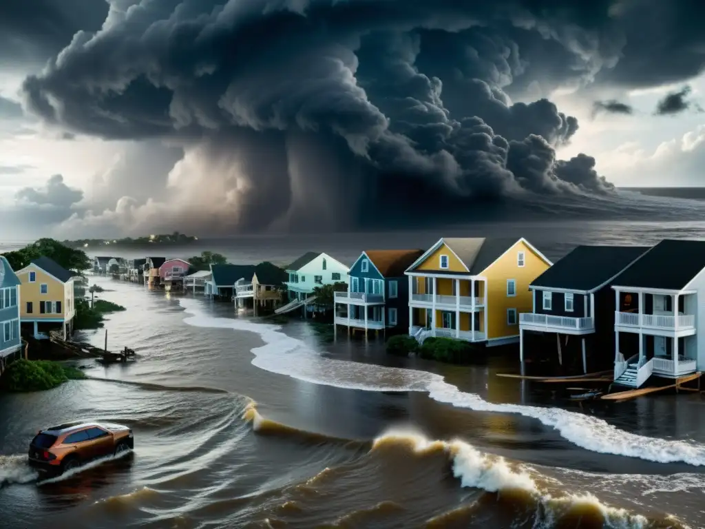 Efecto del cambio climático en ecosistemas: Devastación en ciudad costera por poderoso huracán, edificios sumergidos y escombros esparcidos