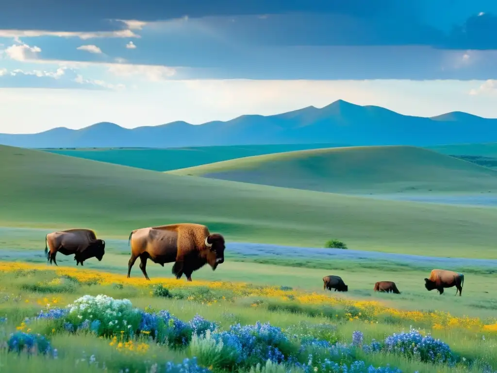 Pradera florida: biodiversidad y serenidad en la naturaleza Efecto del cambio climático en praderas: Pradera vasta con diversidad de flores silvestres, búfalos pastando y cielo azul brillante