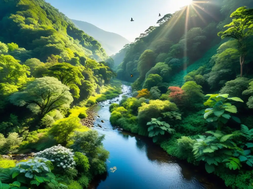 Efecto de los pesticidas en la biodiversidad: escena de un bosque exuberante y diverso, con flora y fauna vibrante en armonía natural