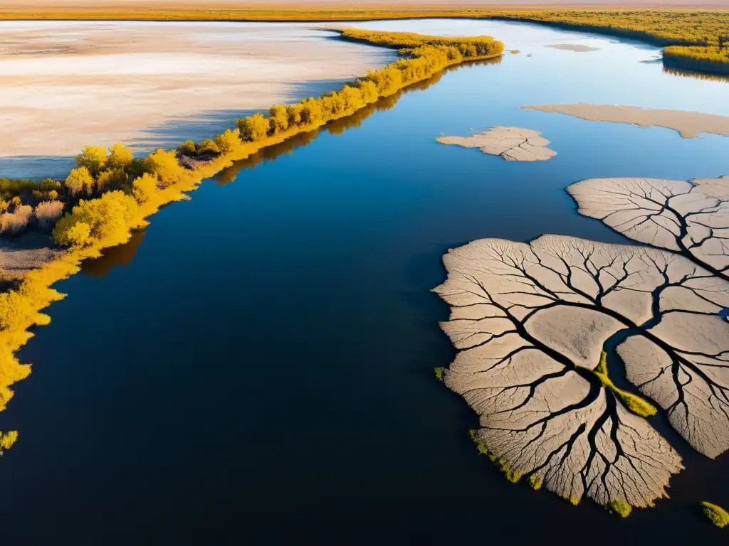 Efectos del cambio climático: humedal exuberante ahora seco y agrietado, con vegetación marchita y tierra reseca, pero aún sobreviviendo