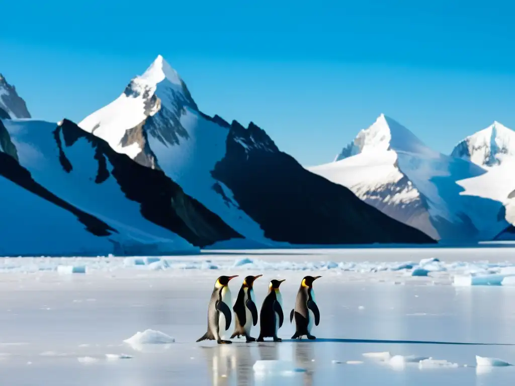 Efectos del deshielo en ecosistemas polares: paisaje polar con hielo, montañas y pingüinos, reflejando la belleza frágil del ecosistema