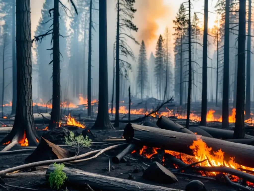 Efectos de los incendios forestales: Bosque carbonizado con brotes verdes emergiendo entre la devastación y el humo