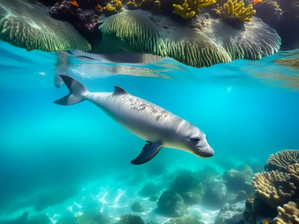 Ejemplar de especies endémicas mamíferos mediterráneos en riesgo, la foca monje mediterránea navega con gracia entre aguas cristalinas, rodeada de coral, algas y peces coloridos, irradiando tranquilidad y belleza