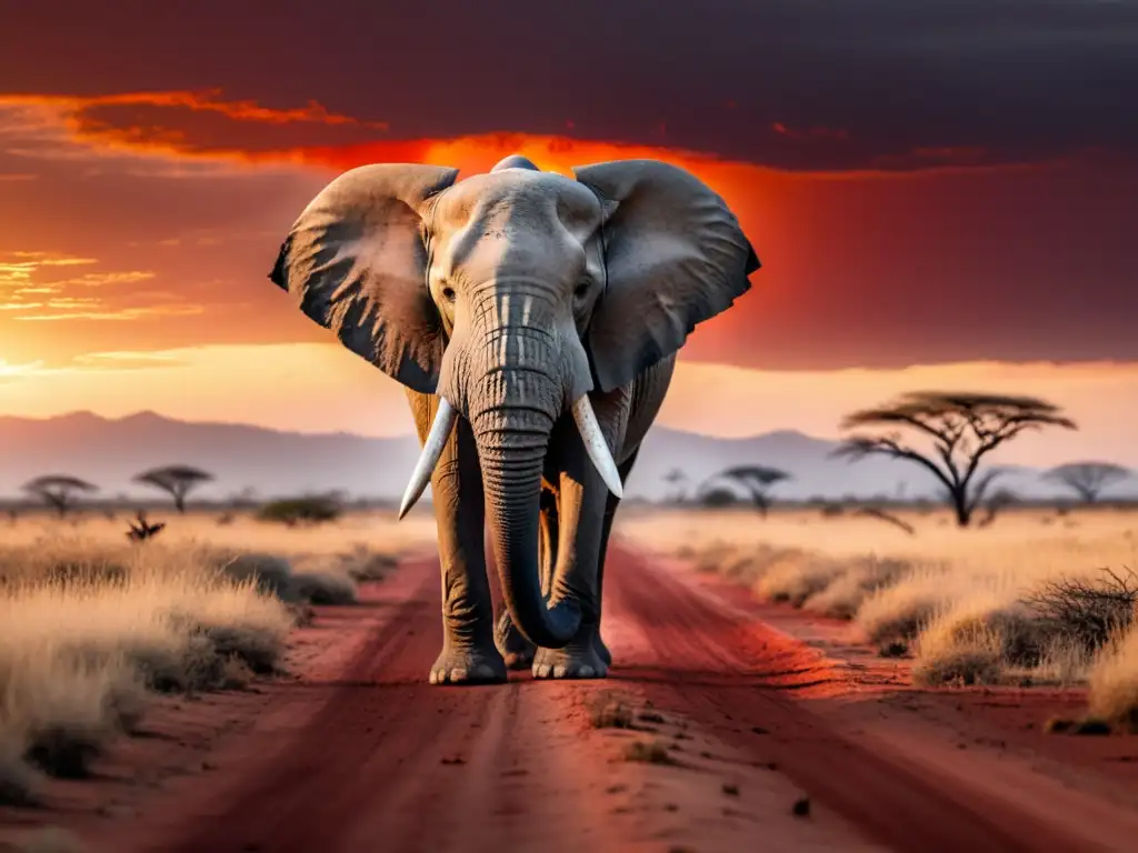 Un elefante majestuoso, con sus colmillos removidos por cazadores furtivos, en una sabana desolada bajo un atardecer rojo sangre