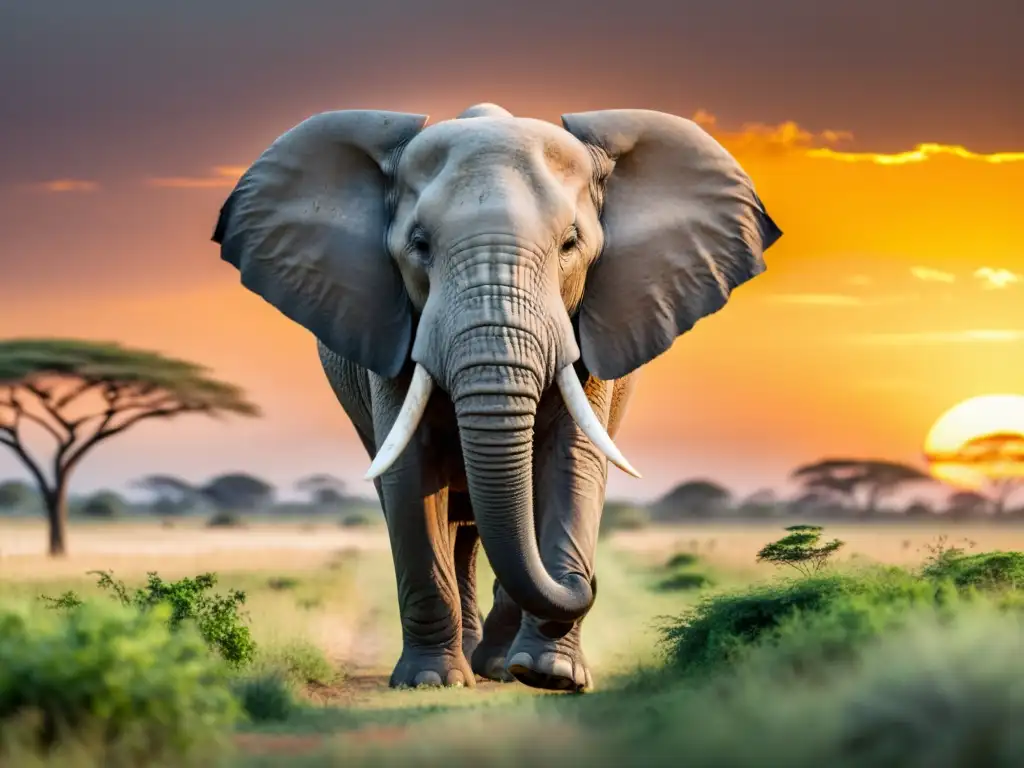 Un elefante majestuoso camina por la sabana africana al atardecer, rodeado de exuberante vegetación