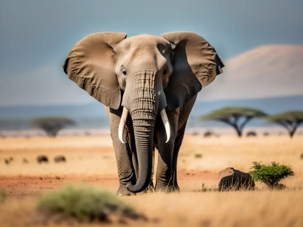 Un elefante majestuoso en la sabana africana, sus colmillos brillan al sol