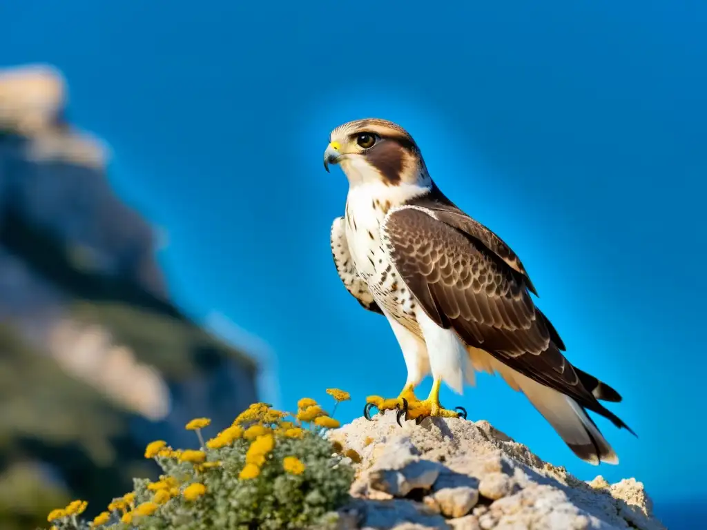 Un Eleonora's falcon majestuoso observa el mar Mediterráneo desde un acantilado rocoso