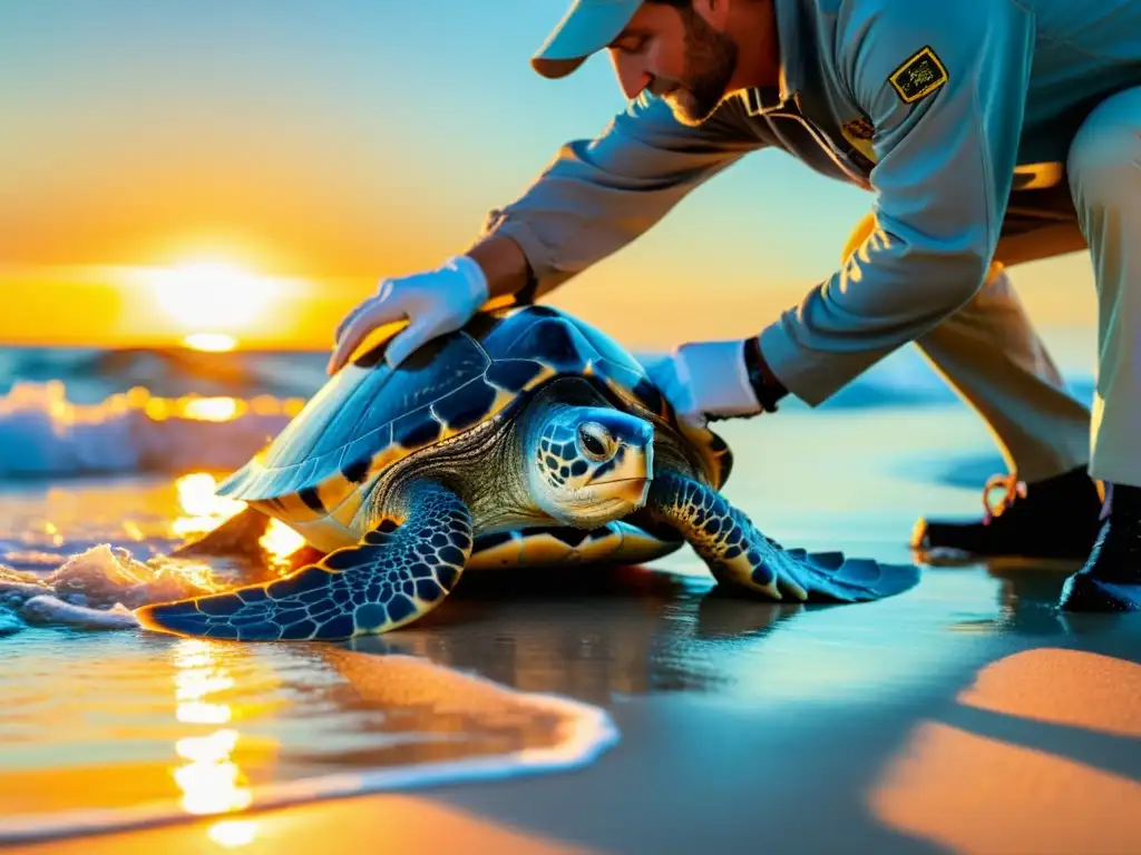 Un emocionante atardecer en el mar, científicos liberan tortugas marinas