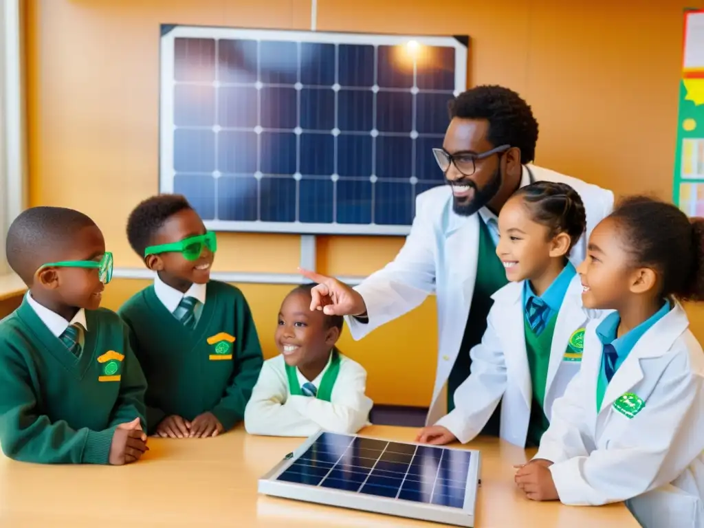 Emocionante educación en energía sostenible para niños en un aula brillante y dinámica