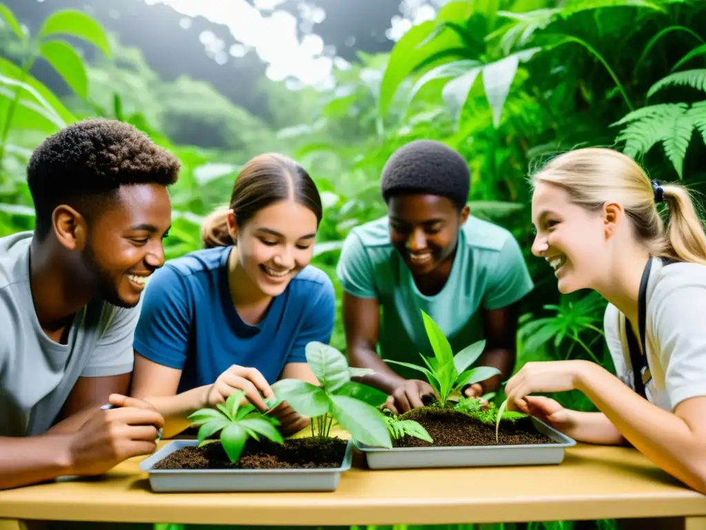 Un emocionante experimento científico al aire libre con estudiantes colaborando para estudiar la interconexión de especies en un ecosistema