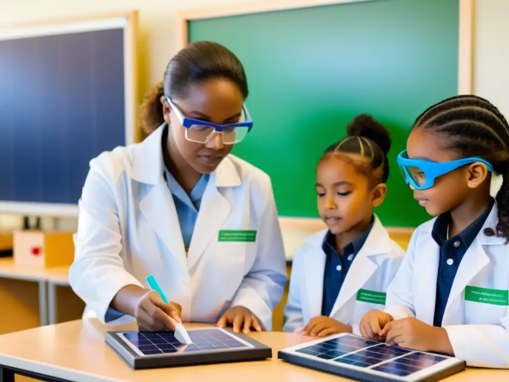 Un emocionante experimento de energía sostenible en un aula llena de niños y su maestro, creando un entorno educativo inspirador