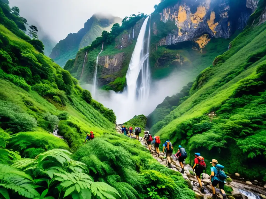 Un emocionante grupo de excursionistas camina por un sendero rocoso en la montaña, rodeado de exuberante vegetación y una cascada