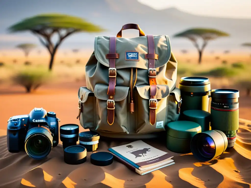 Emocionante safari fotográfico en la sabana africana: mochila equipada con cámara DSLR, binoculares y guía, bañada por cálida luz dorada