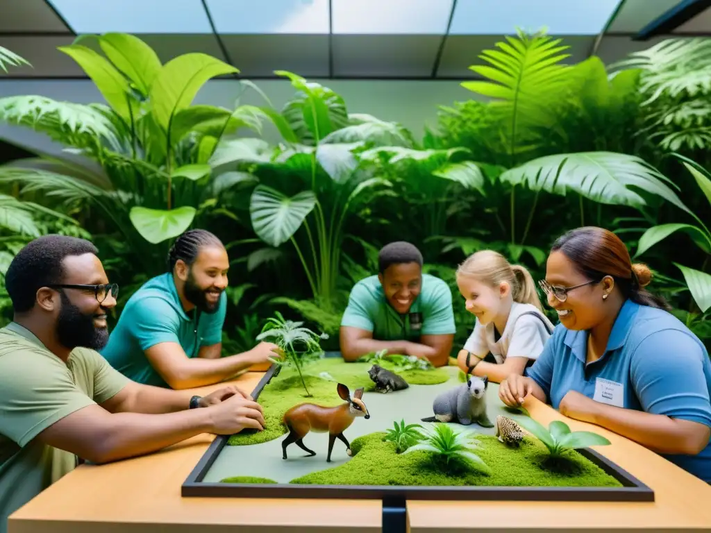 Un emocionante taller educativo de conservación de ecosistemas, con participantes de todas las edades rodeados de naturaleza exuberante