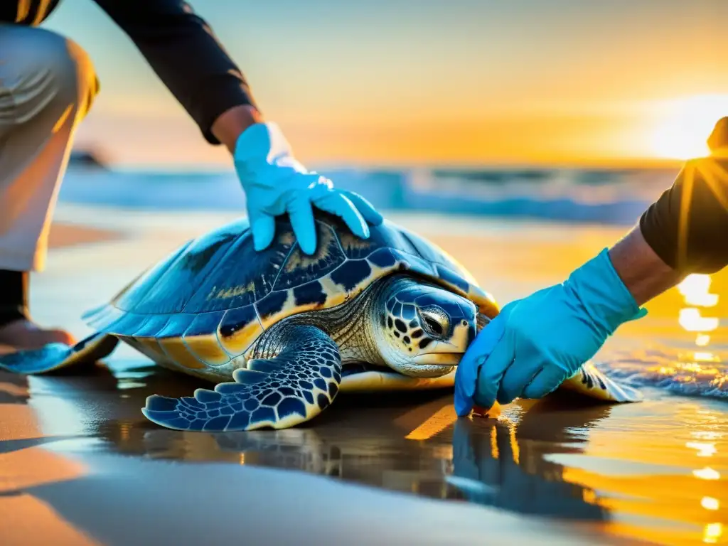 Un emotivo atardecer en el océano, donde un equipo de conservacionistas libera con cuidado a una tortuga marina rehabilitada