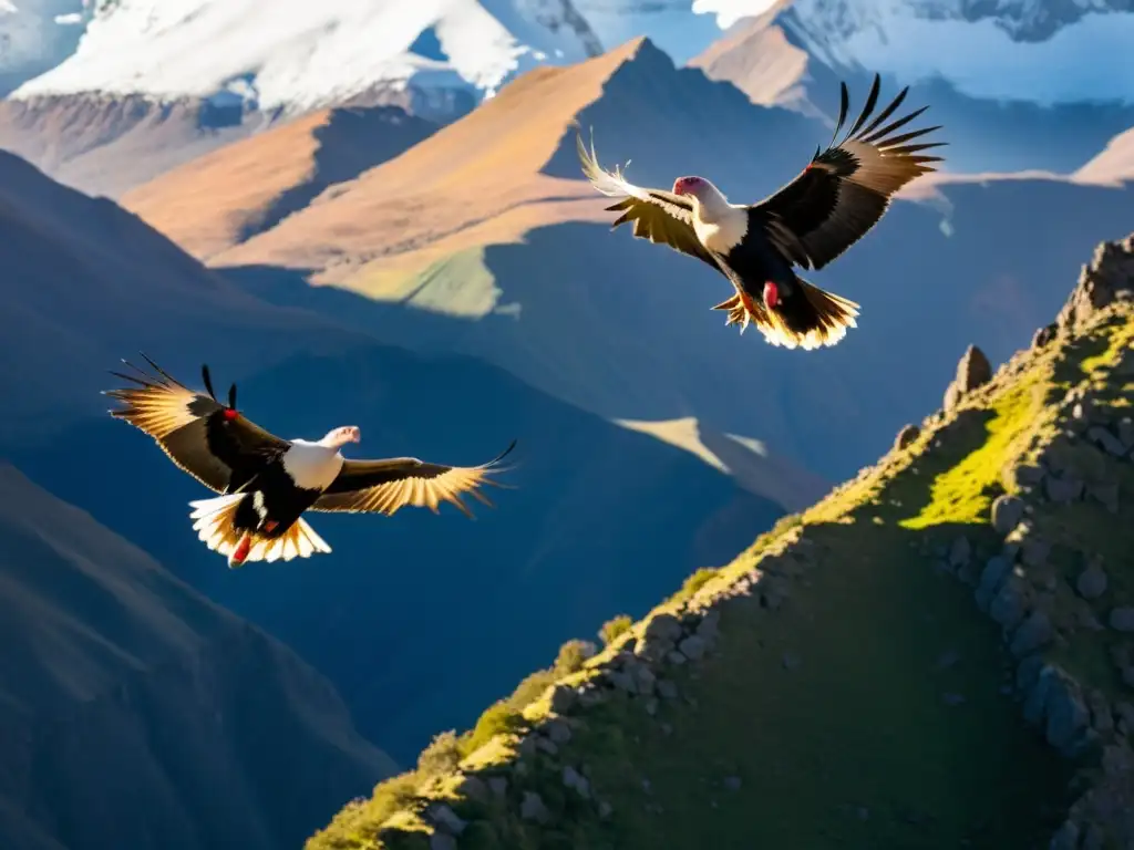 Emotivo comportamiento reproductivo de fauna montaña: pareja de cóndores andinos en majestuoso cortejo aéreo sobre picos nevados al atardecer