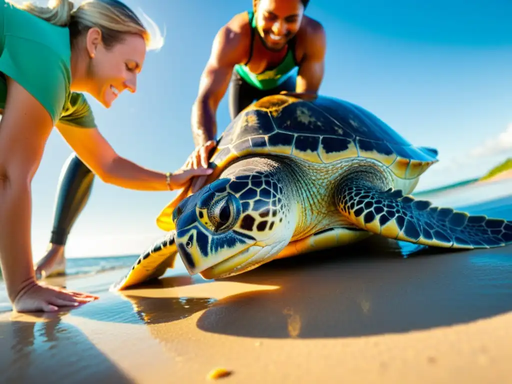 Un emotivo momento de conservación marina con científicos liberando una tortuga al mar