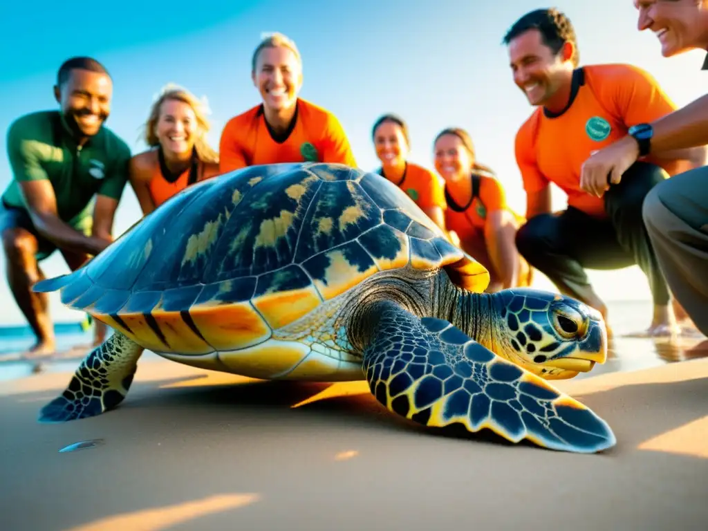 Un emotivo momento de liberación de una tortuga marina en peligro, en el mar, con científicos y voluntarios