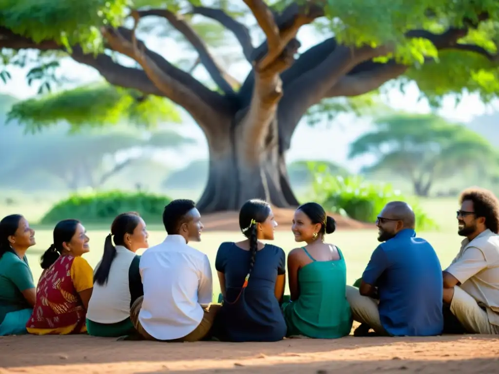 Un encuentro bajo un árbol entre indígenas y expertos en conservación, simbolizando colaboración y entendimiento para mitigar el impacto social de las políticas de conservación de ecosistemas