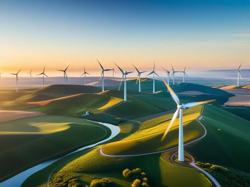 Energía eólica en ecosistemas diversos: paisaje diverso con turbinas eólicas integradas, bañado por la cálida luz del atardecer