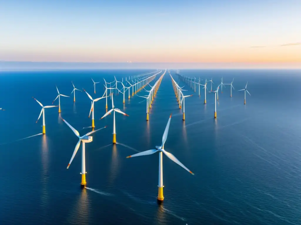 Invertir en energía renovable offshore: Imponente campo eólico marino al atardecer, reflejando la luz dorada en el agua tranquila