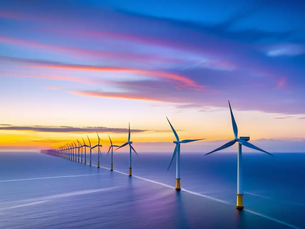 Invertir en energía renovable offshore: majestuoso parque eólico marino con turbinas gigantes en un vibrante atardecer sobre el océano