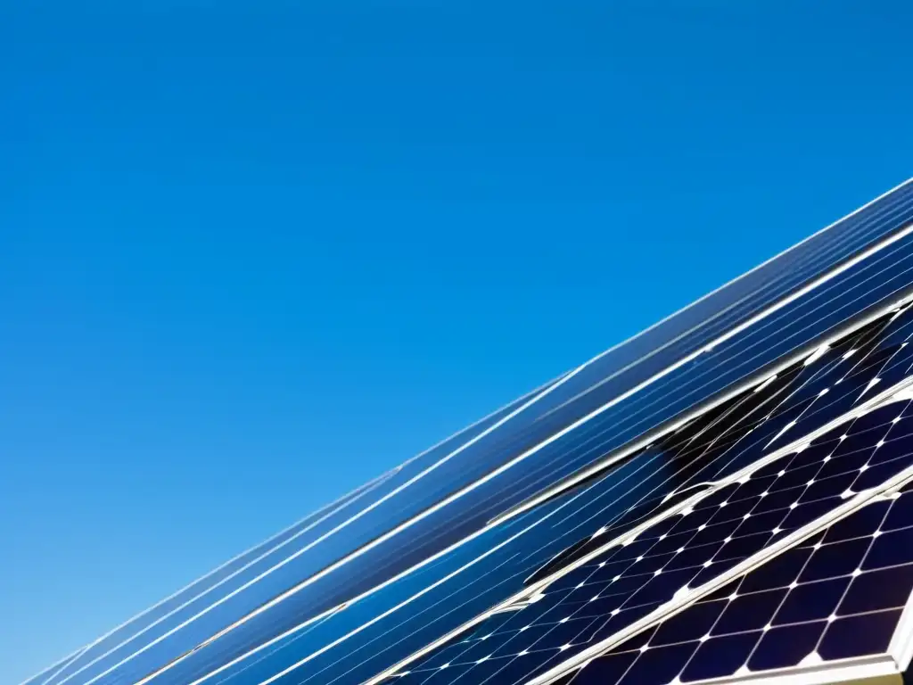 Inversión en energía renovable: paneles solares en detalle contra cielo azul, muestra modernidad y beneficios económicos