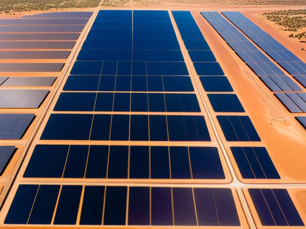 Inversión en energía renovable: vasta granja solar en paisaje chileno, paneles brillantes contrastan con cielo azul y terreno rocoso