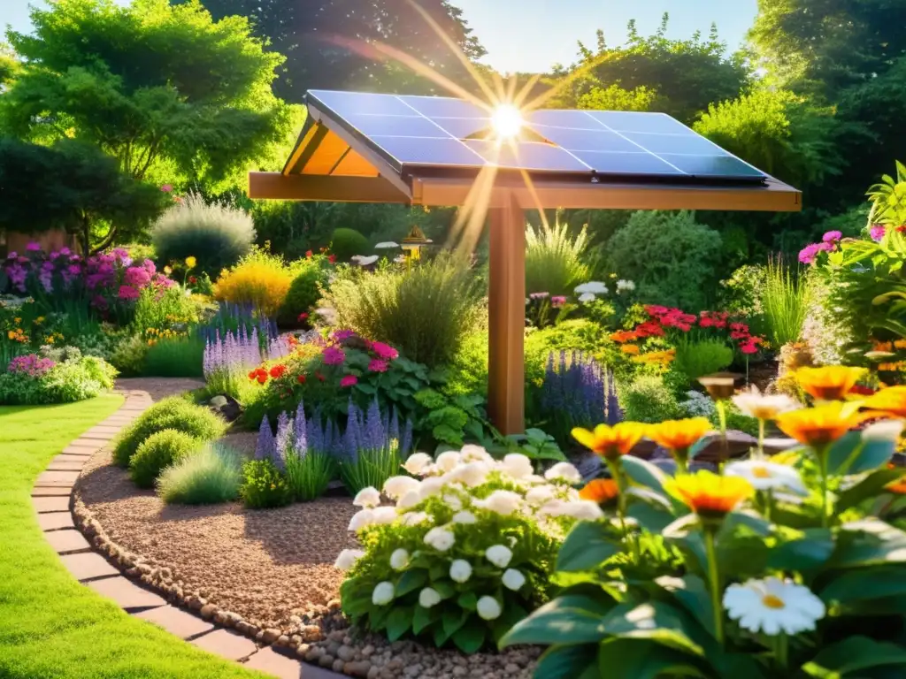 Un jardín ecológico con energía solar, luces y agua, donde la naturaleza y la tecnología verde se integran armoniosamente