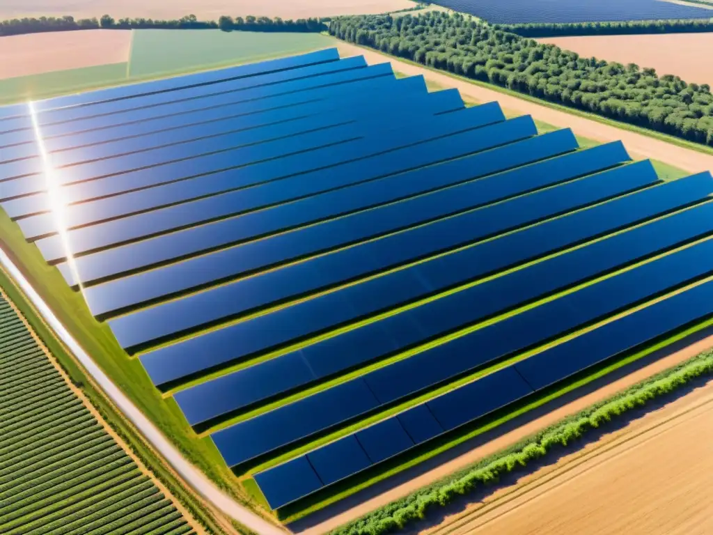 Inversión en energías renovables pensiones: Vista aérea de granja solar, con paneles brillantes y colores vibrantes, simbolizando innovación