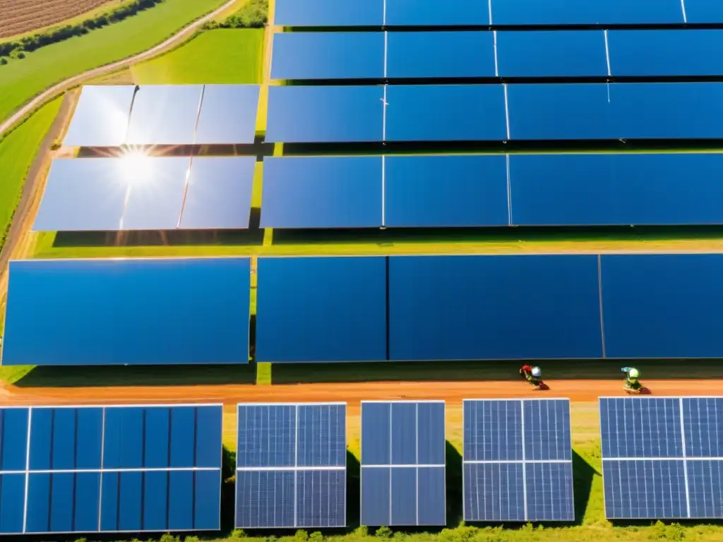 Implementación de energías renovables en restauración ecológica: Un vasto campo de paneles solares bajo un cielo azul, con ingenieros inspeccionando