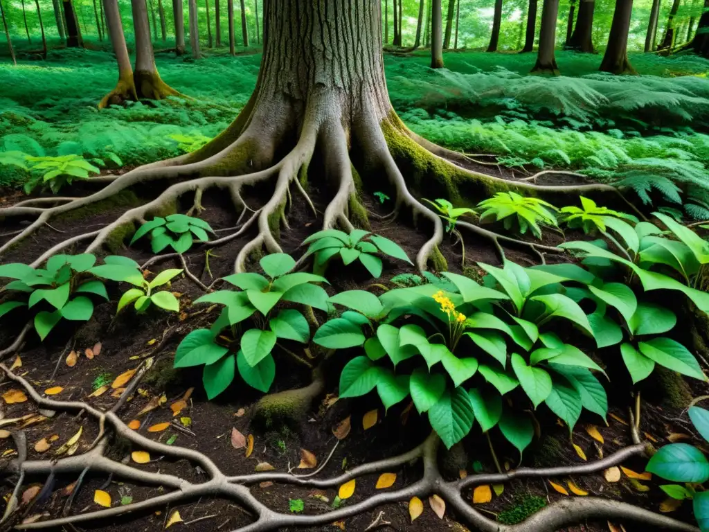 Un entramado de raíces de árboles y hojas en descomposición crea una red de intercambio de nutrientes en el suelo del bosque