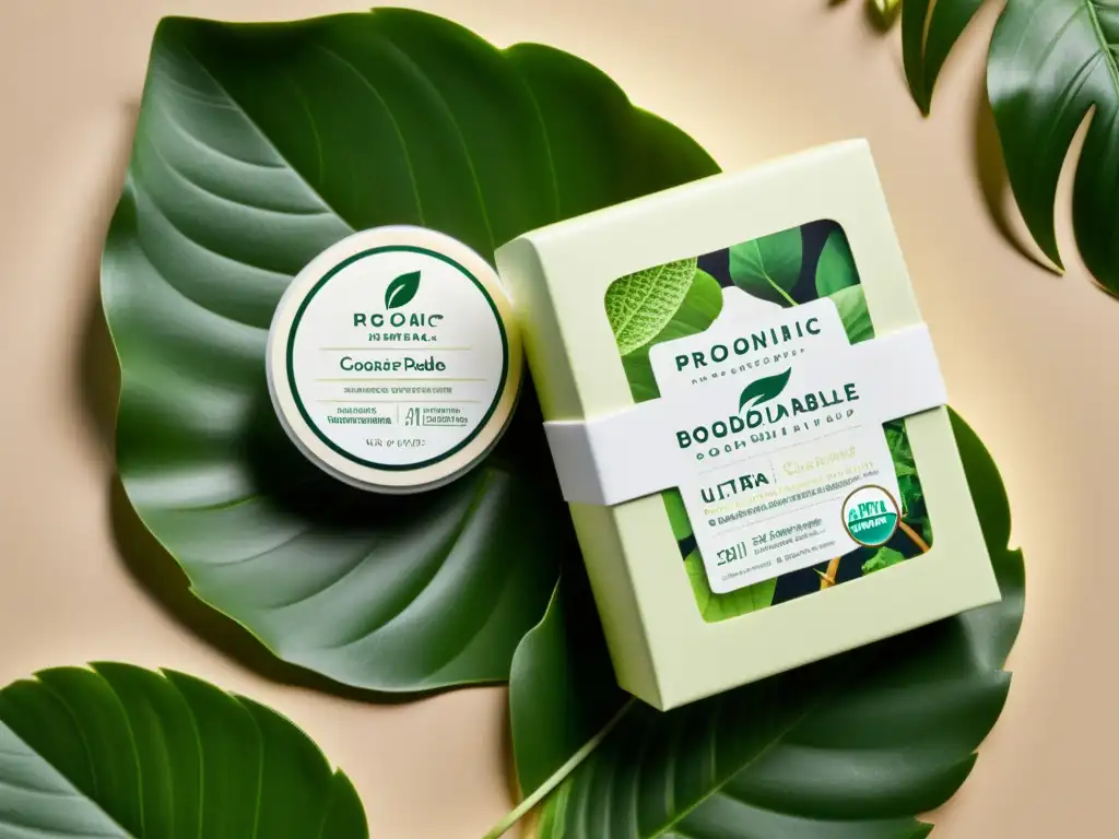 Envase biodegradable de cosmético rodeado de exuberante vegetación, con certificaciones de impacto ambiental