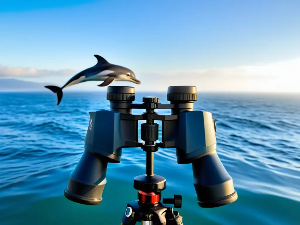 Equipamiento para avistamiento de fauna marina: Binoculares de alta calidad apuntando hacia delfines saltando en el mar, bajo el sol brillante