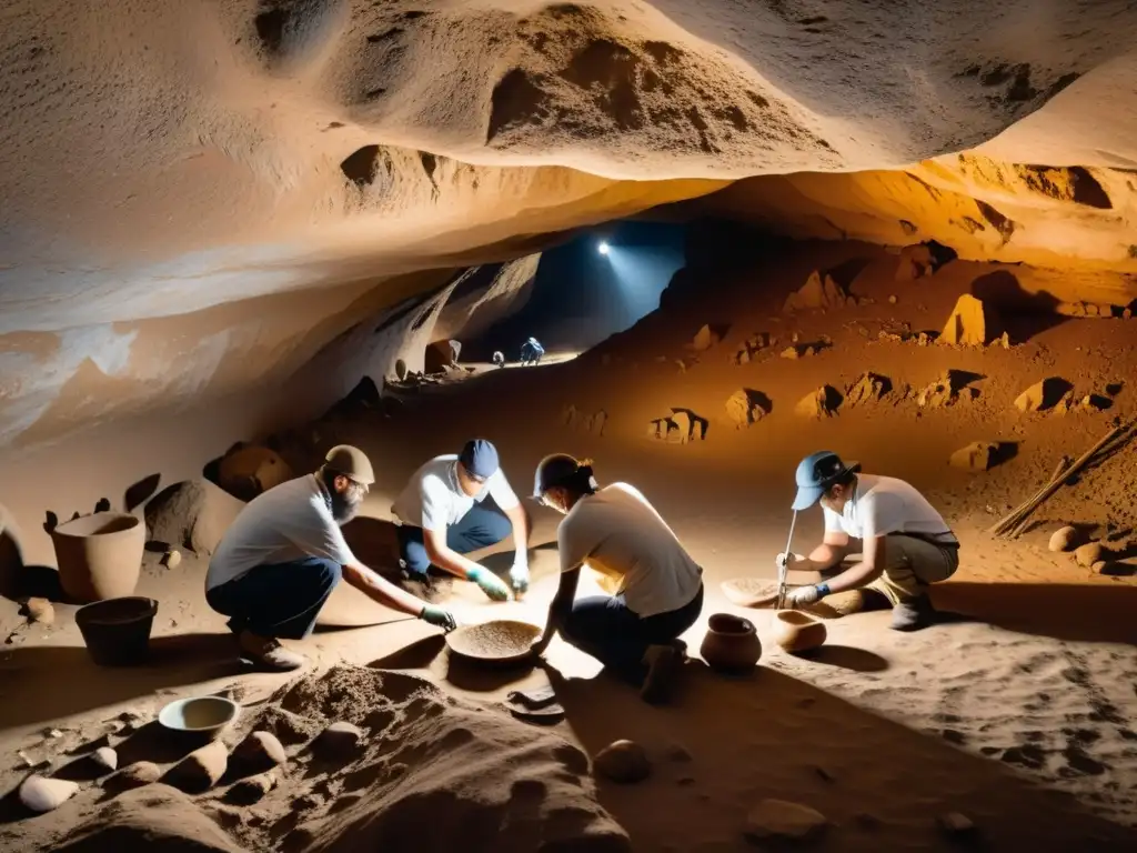 Equipo de arqueólogos descubre antiguos tesoros en cueva, inmersos en su labor con delicadeza y dedicación