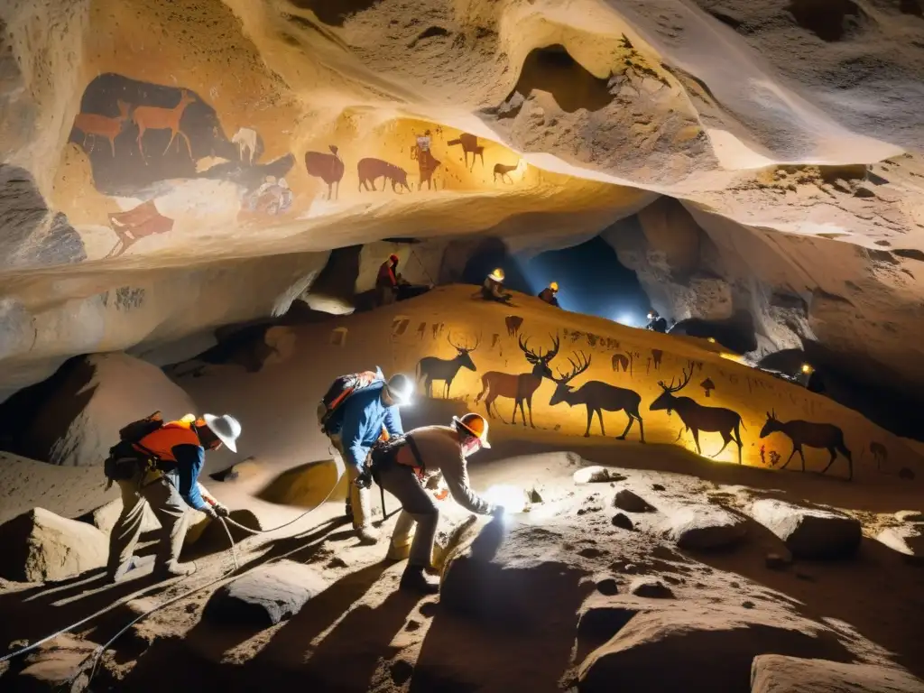 Equipo de arqueólogos explorando cueva subterránea con pinturas rupestres