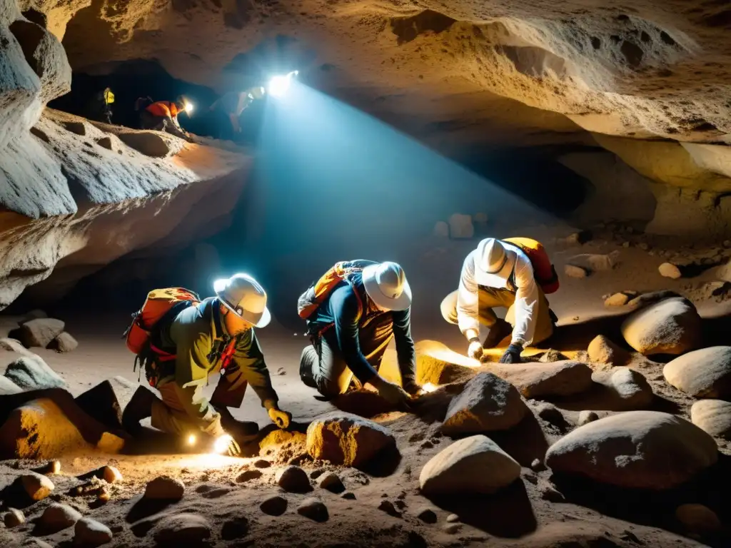 Equipo de arqueólogos descubriendo tesoros en cuevas, iluminando reliquias antiguas con sus lámparas de cabeza