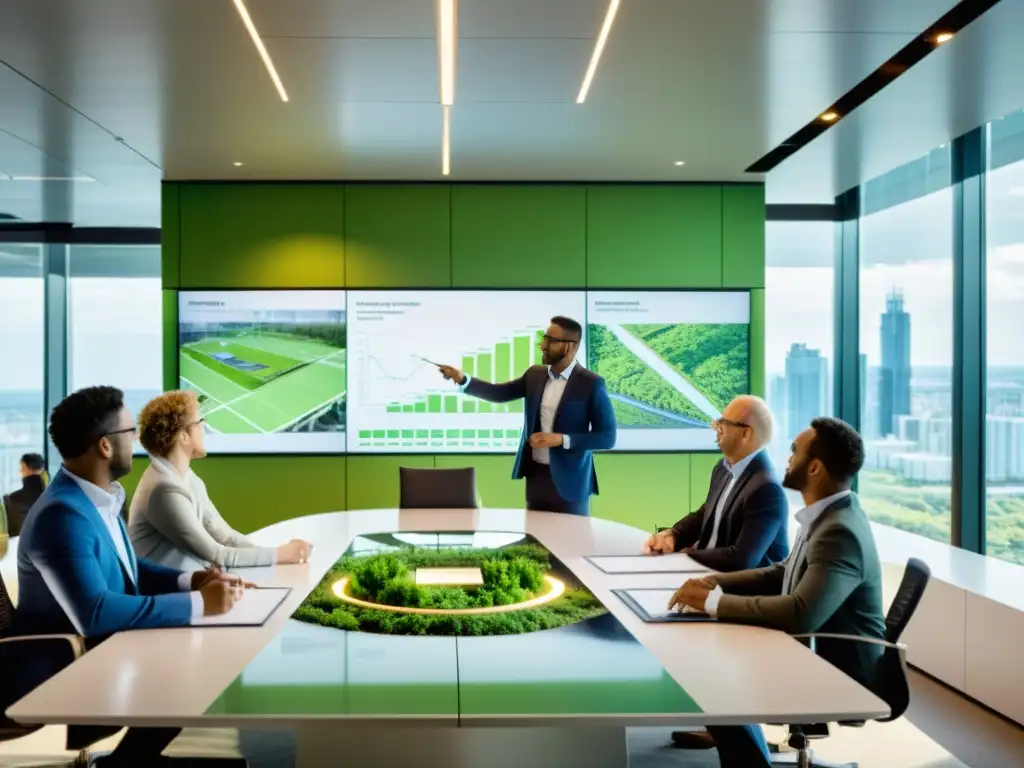 Equipo de arquitectos y ingenieros discutiendo diseños sostenibles en una oficina moderna, con proyecciones de infraestructura verde