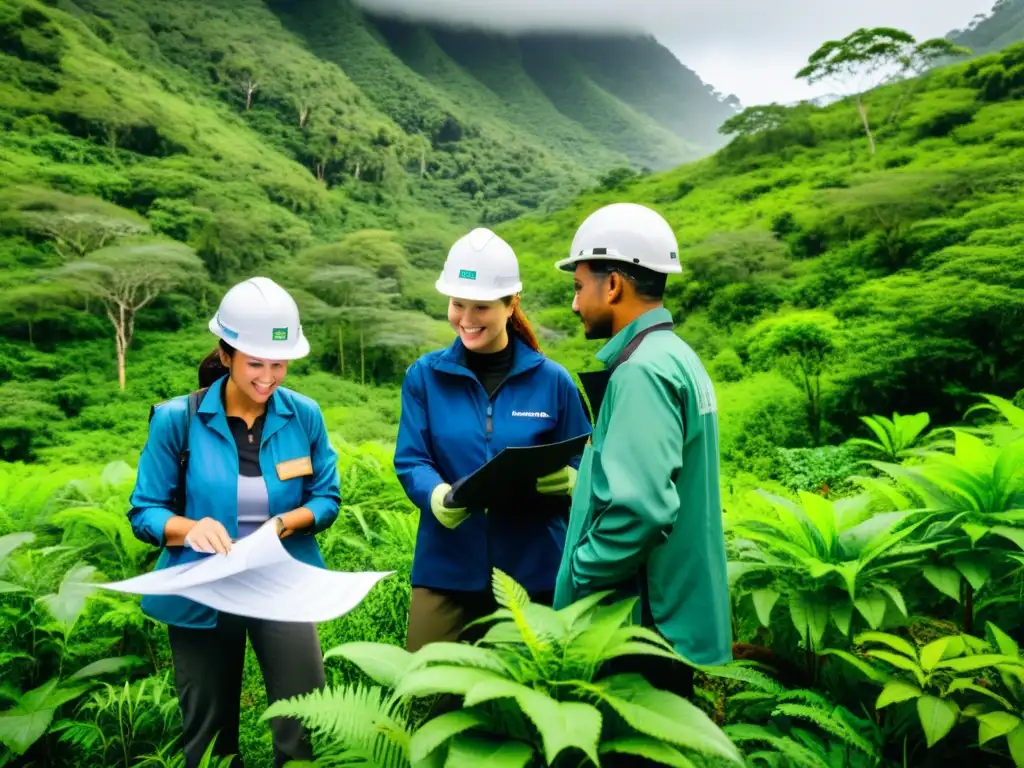 Equipo de auditores ambientales certificados evaluando ecosistemas biodiversos con dedicación y profesionalismo