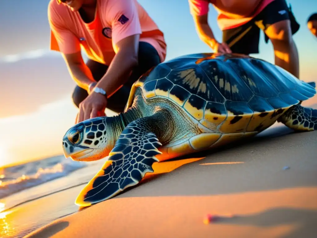 Un equipo de biólogos y conservacionistas libera tortugas marinas al atardecer