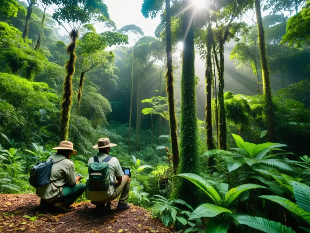 Equipo de biólogos de fauna silvestre en hábitat natural, instalando trampas fotográficas en exuberante bosque