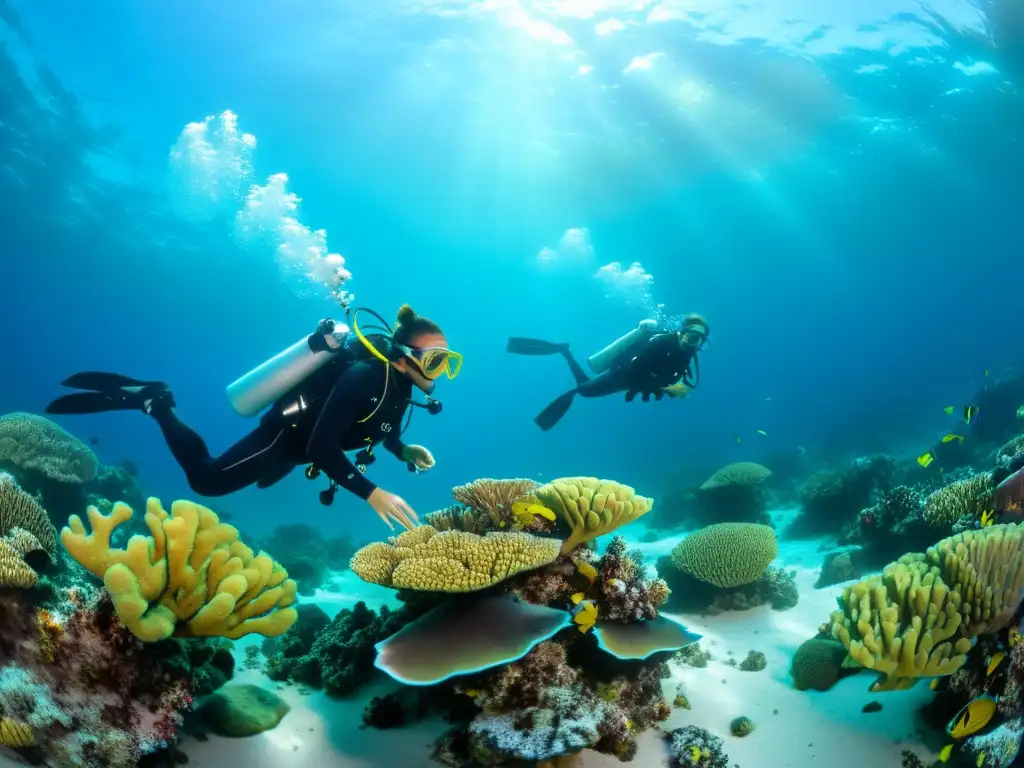 Equipo de biólogos marinos explorando un arrecife de coral vibrante, recolectando datos y especímenes