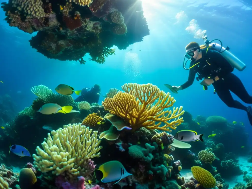 Equipo de biólogos marinos restaurando arrecifes de coral bajo el agua, rodeados de un ecosistema vibrante y diverso