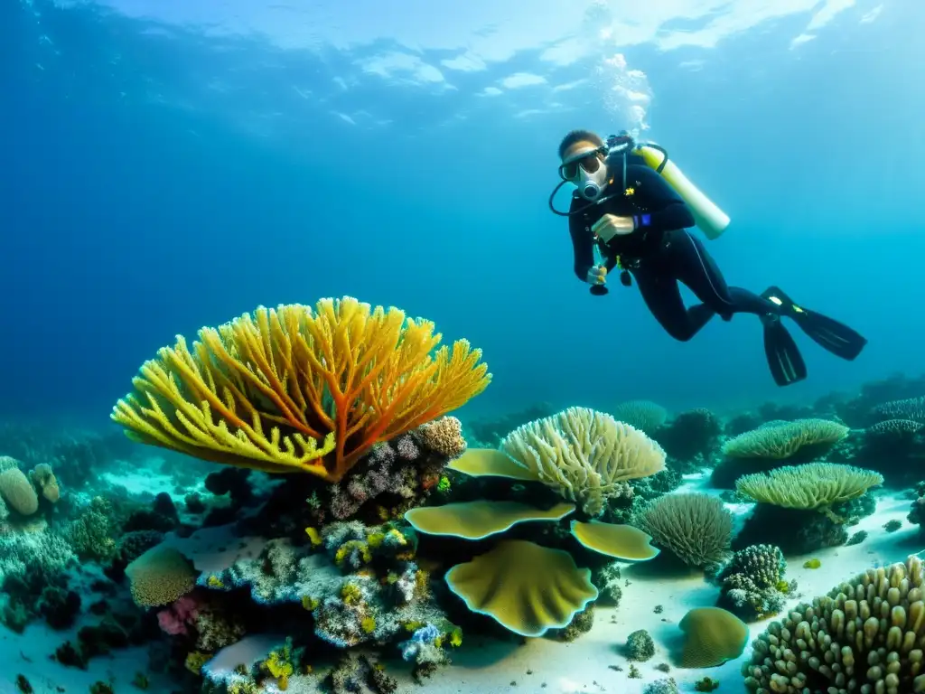 Equipo de biólogos marinos restaurando arrecifes de coral con cuidado y dedicación en un impresionante paisaje submarino