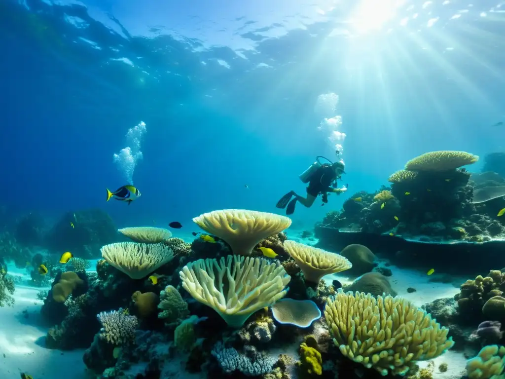 Equipo de biólogos marinos transplantando coral en arrecife degradado, rodeados de vida marina y formaciones coralinas