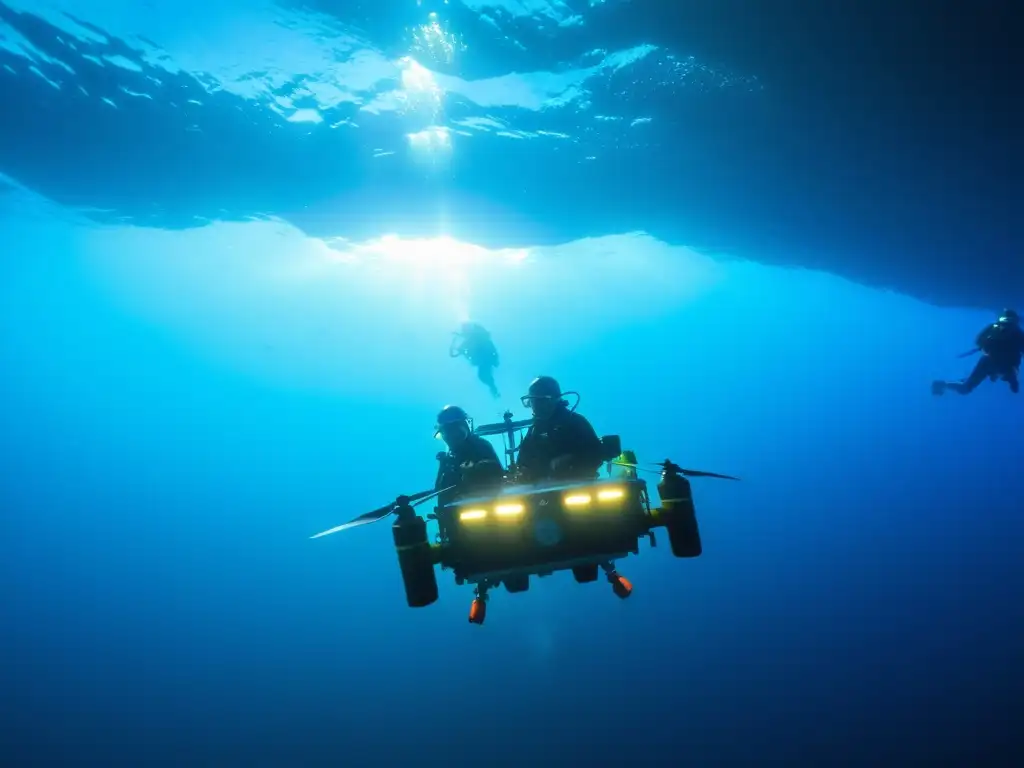 Equipo de biólogos marinos usando un dron submarino en exploración de ecosistemas marinos en profundidades desconocidas