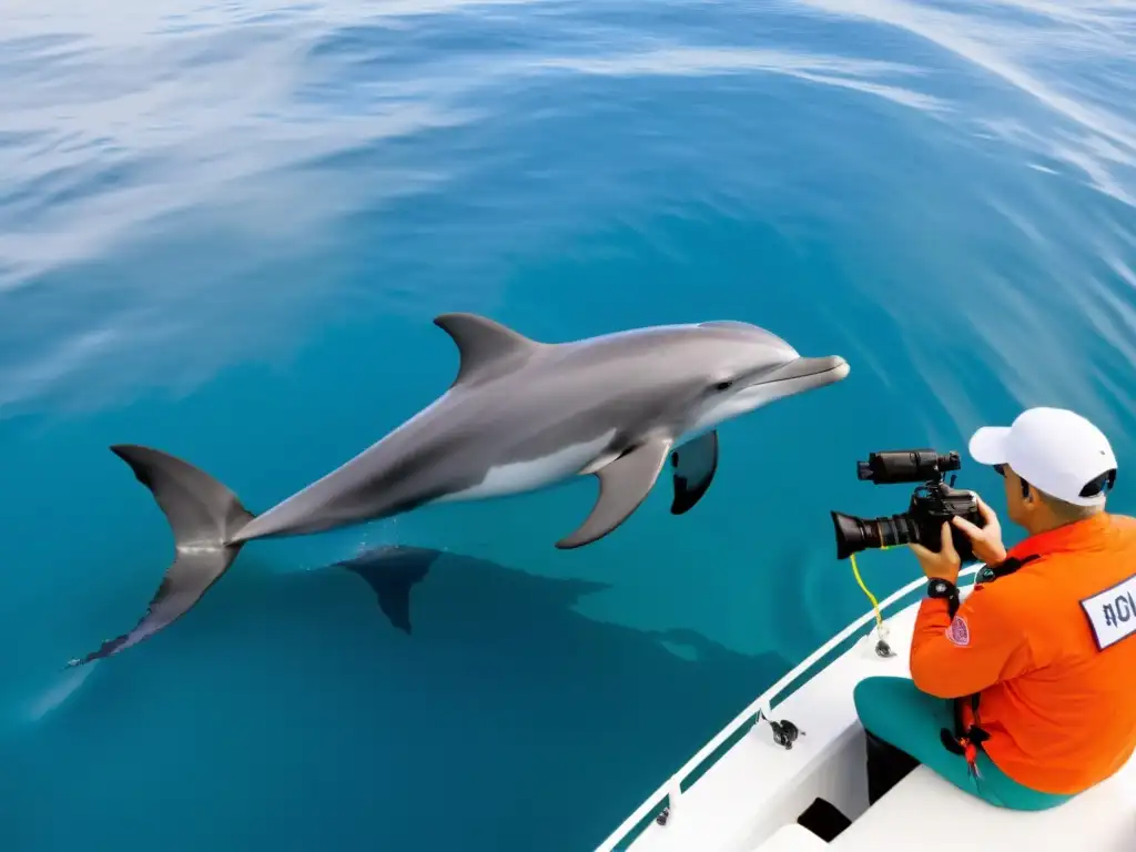 Equipo de biólogos marinos observando una manada de delfines en el océano, equipados con tecnología de punta para documentar su comportamiento