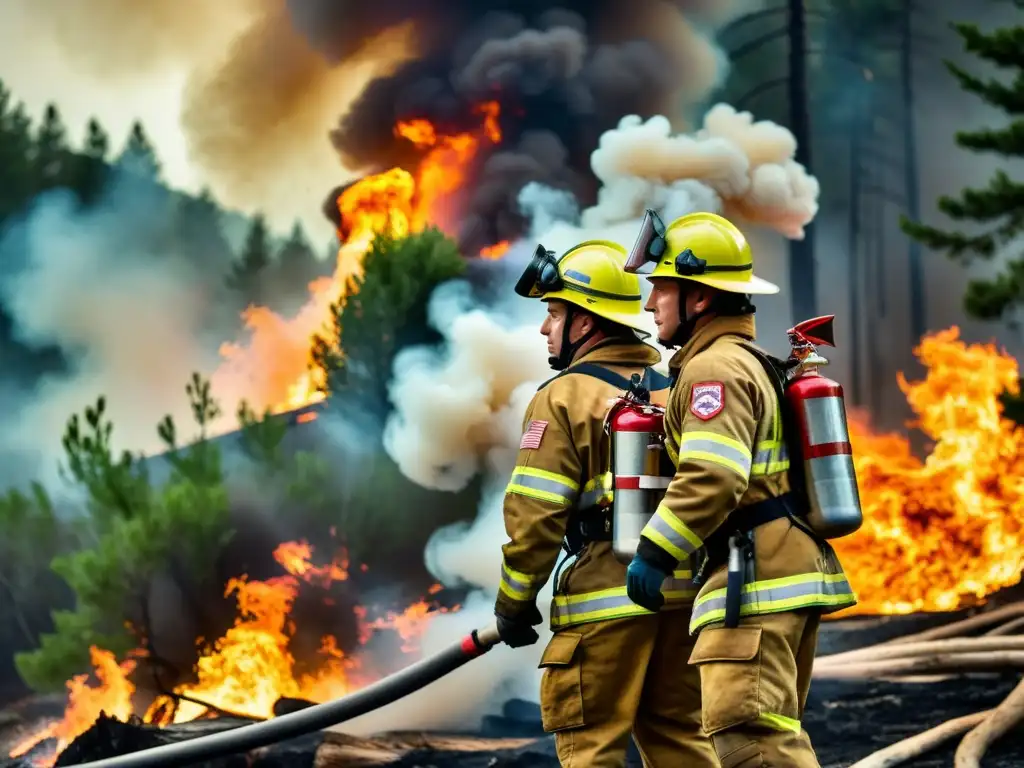 Un equipo de bomberos luchando contra un incendio forestal, mostrando su valentía y determinación en la prevención de incendios forestales ecosistemas