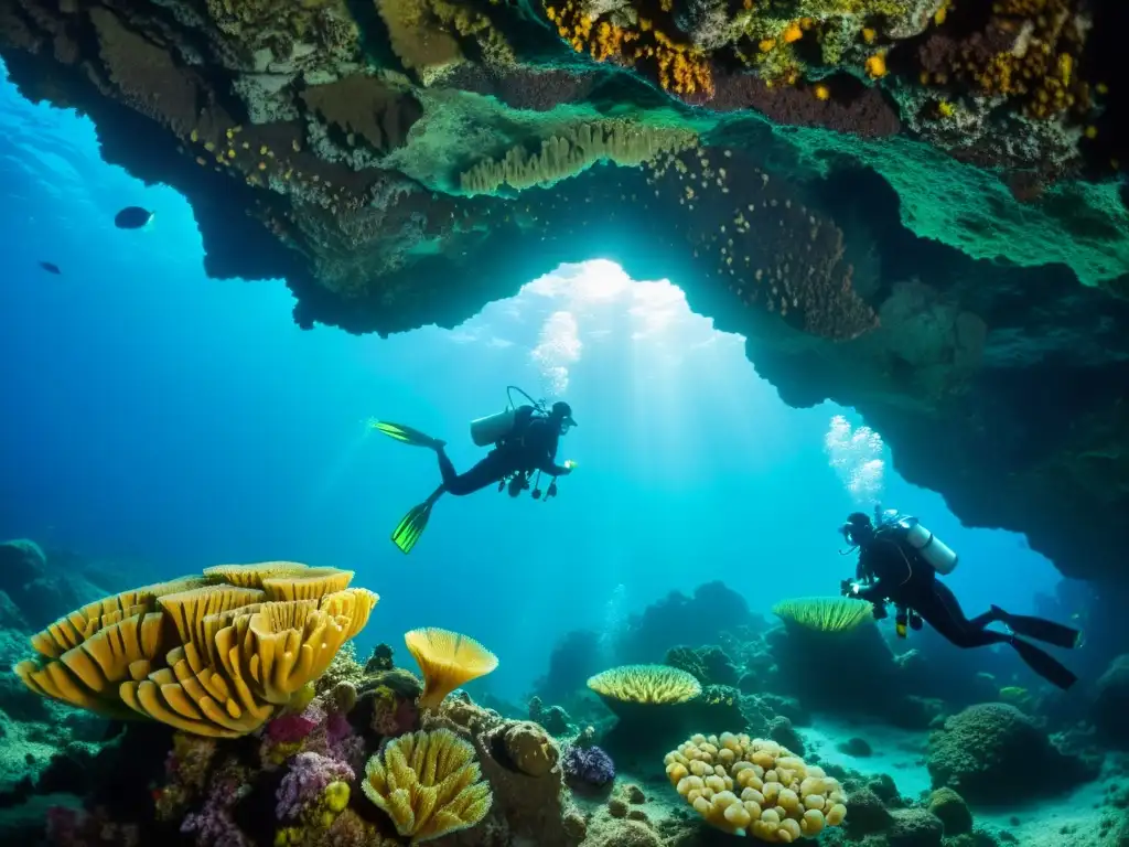 Equipo de buceadores explorando cuevas submarinas en ecosistemas sorprendentes